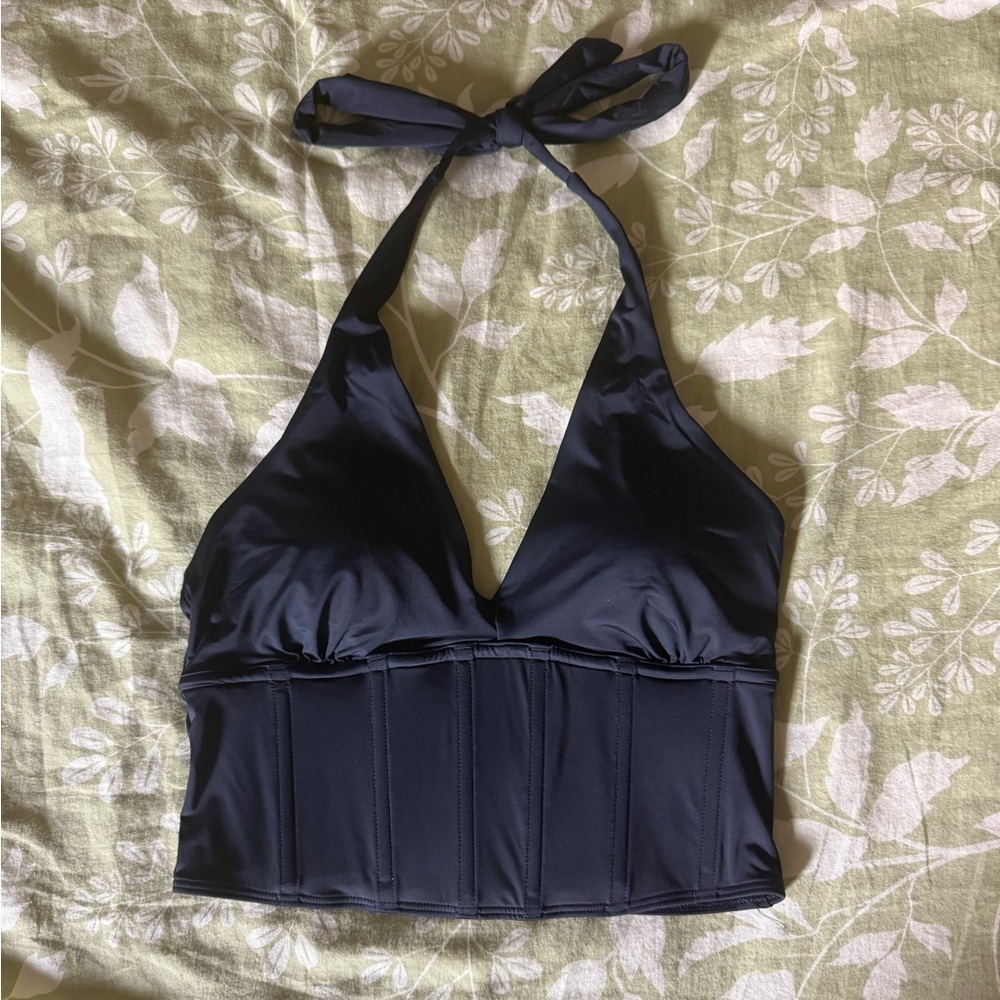 Hollister Navy Blue Retro Longline Corset Style Halter Bikini Top M